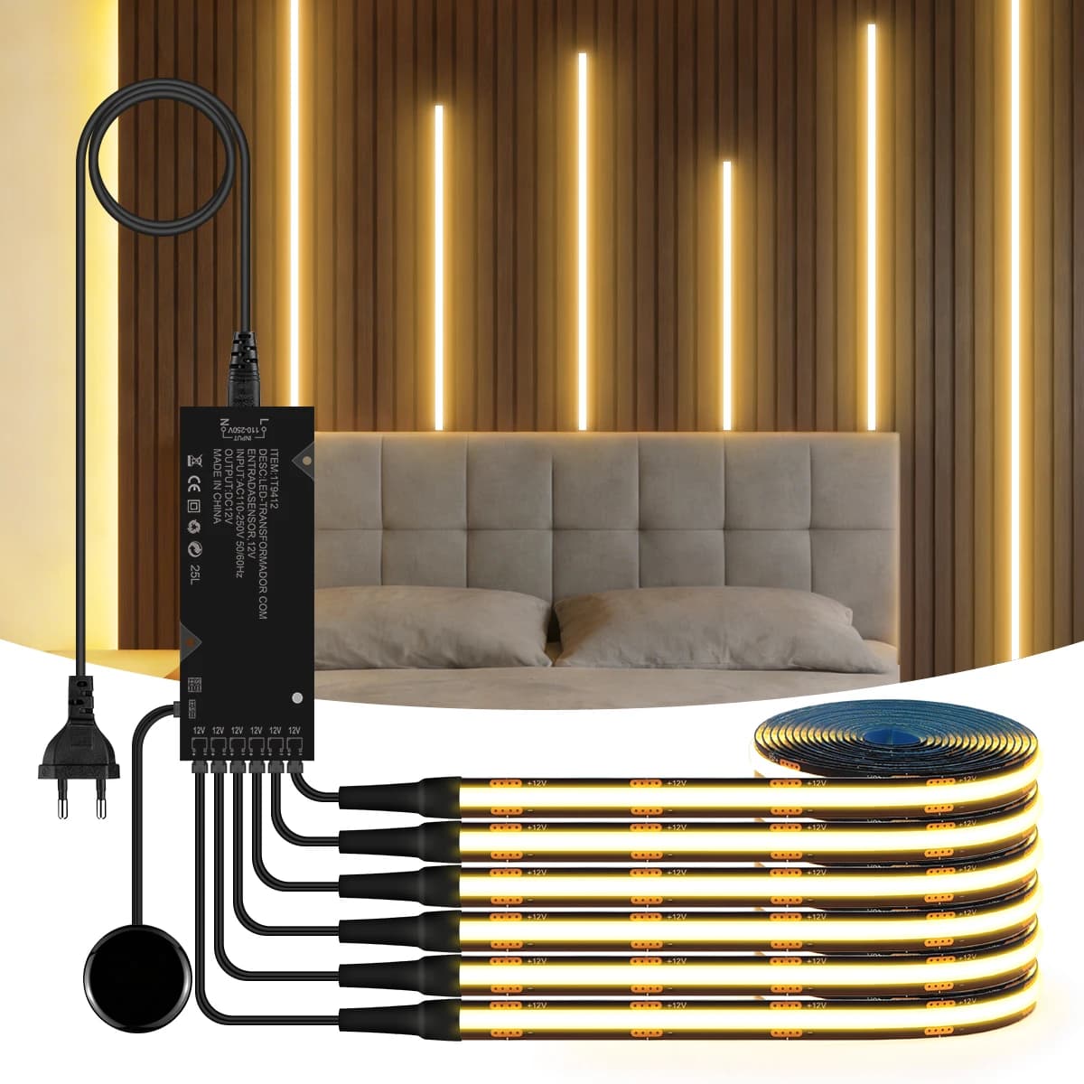 Walnussholz Gitter Akustische Vorhang Wand Panel LED Licht Streifen Schwarz PCB COB Kit Touch Dimmbar Für Schrank TV Hintergrundbeleuchtung Dekor