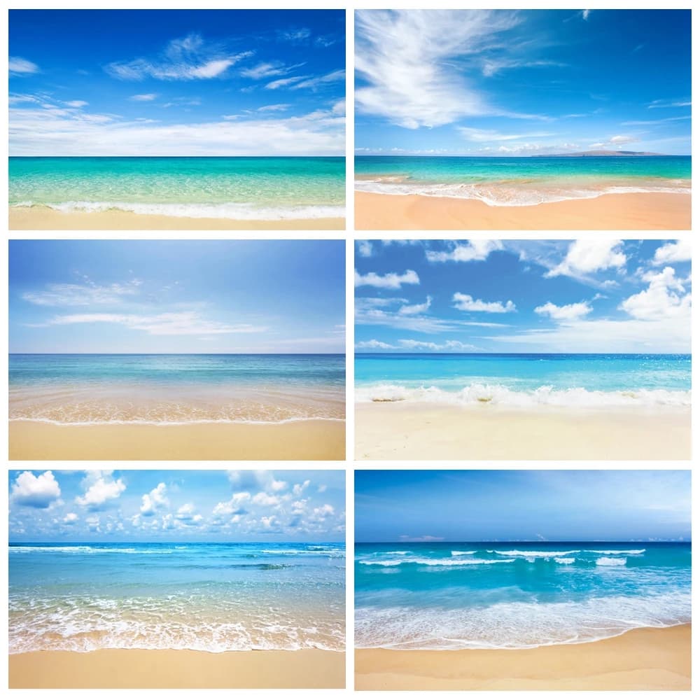 Sonnenuntergang, Strand, Wellen, Hintergrund für Fotografie, Sommerurlaub, Ozean, Meer, blauer Himmel, weiße Wolke, Sand, Fotohintergrund