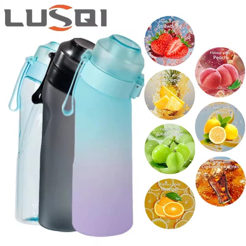LUSQI 650 ml Luft aromatisierte Wasserflasche mit 7 Stück zufälligen Geschmackspullen, Sport-Strohbecher, Tritan für Outdoor-Sportarten, BPA-frei