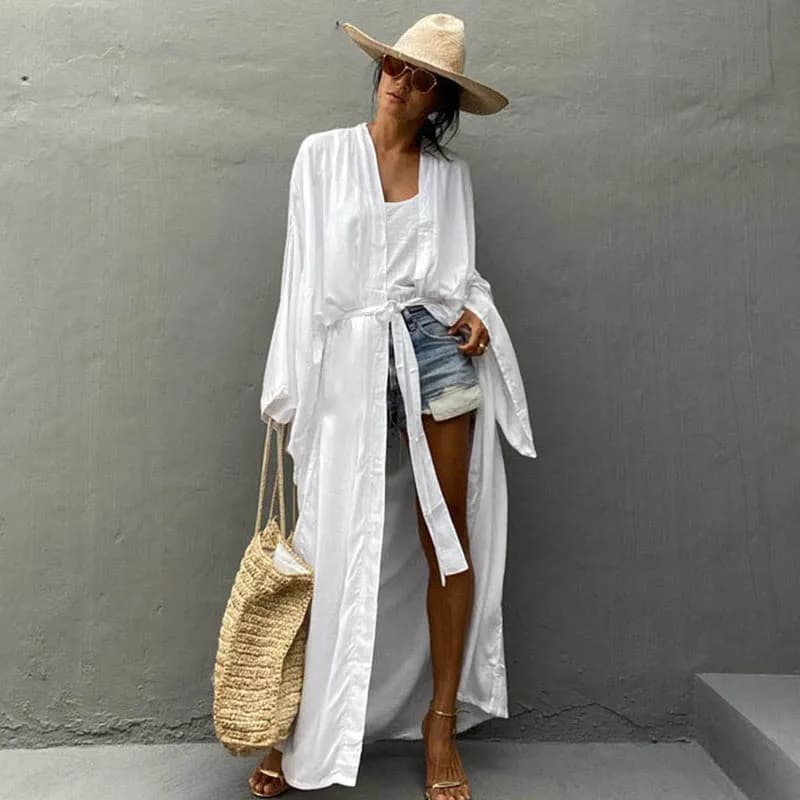 Solide Strand-Vertuschung für Damen, selbstgürtel, Wickel-Kimono-Kleid, Badeanzug, 2025, neue Robe, Sommer, Strandmode, Fabrikversorgung