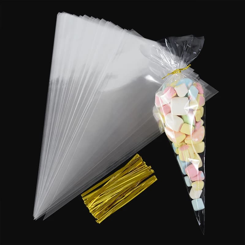50 Stück klare Kegel-Süßigkeits-Aufbewahrungsbeutel, kegelförmige transparente Plastiktüten, Popcorn-Süßigkeitstüten für Babyparty, Hochzeit,