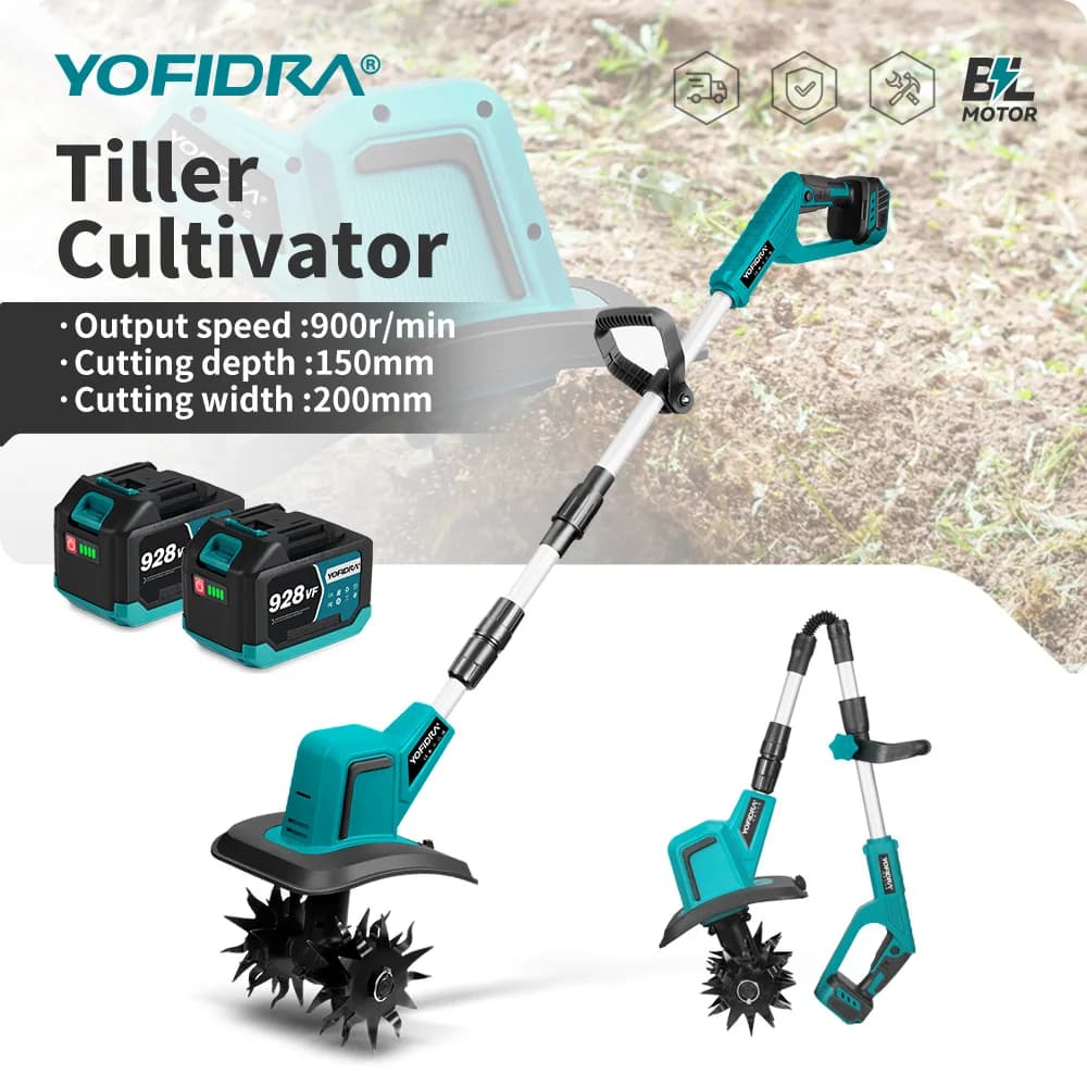 YOFIDRA Bürstenloser Elektrischer Gartenfräser 1500W Tragbarer Kabelloser Rasenmäher Rasentrimmer Bodenwender Elektrowerkzeug für Makita Akku