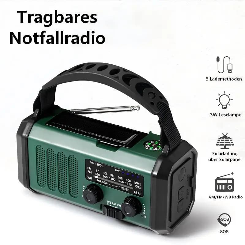 Kurbelradio mit 10000mAh Powerbank Solar Notfallradio AM/FM/WB Weltempfänger mit Taschenlampe SOS Alarm Kompass Tragbar