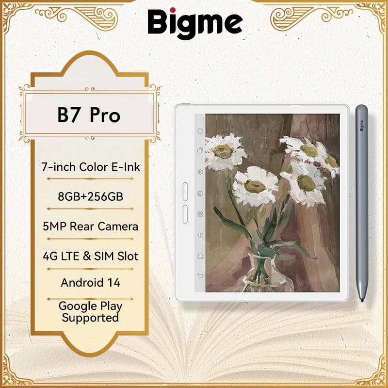 Bigme B7 PRO E-Book-Reader, 7'' E-Ink Elektronisches Buch, 300PPI, 36-Stufen Frontbeleuchtung Augenschonend, 8+256GB, Android 14 OS E-Reader