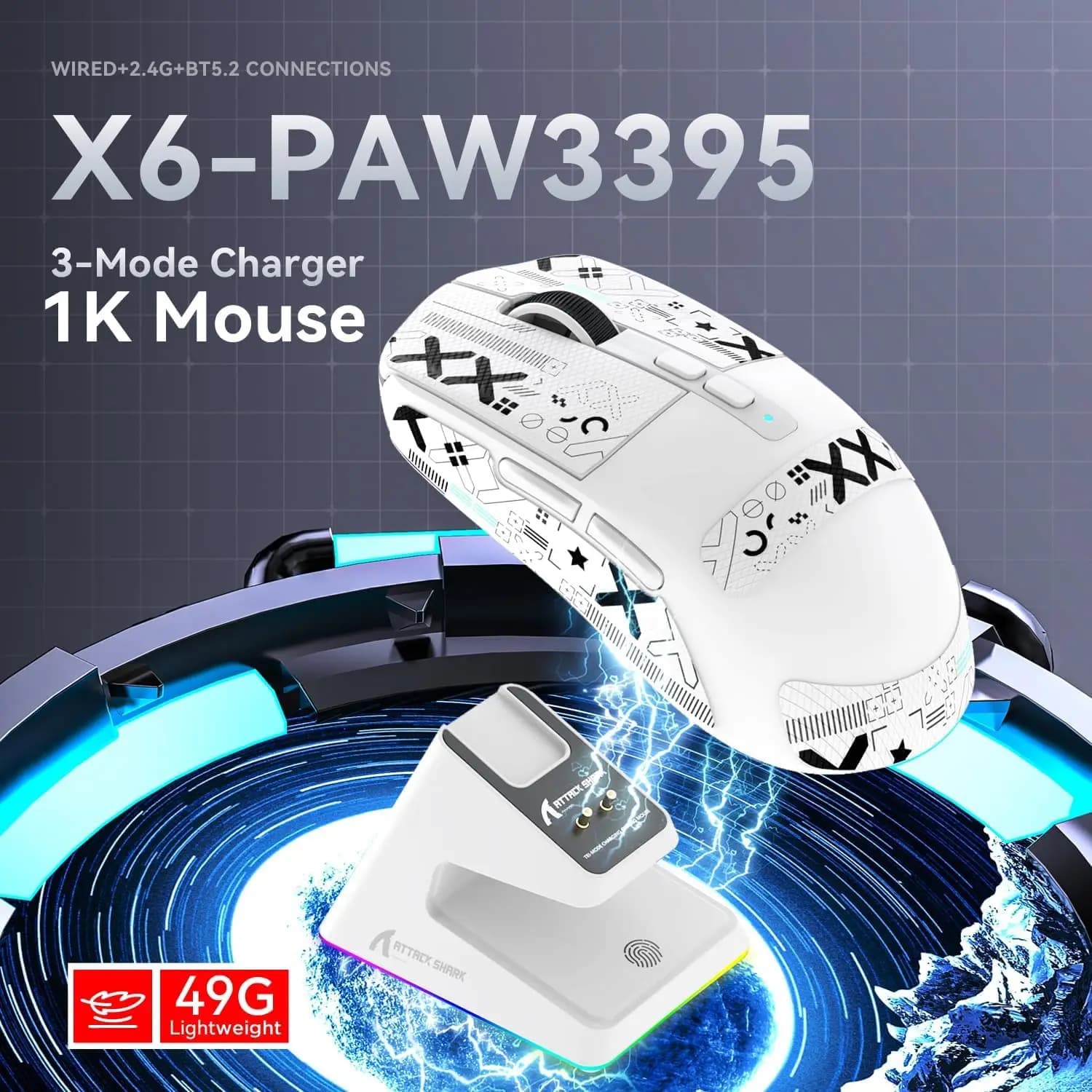 ATTACK SHARK X6 Leichte kabellose Gaming-Maus mit RGB-Hintergrundbeleuchtung, Ladestation, Tri-Mode, 26K DPI, PAW3395 optischer Sensor