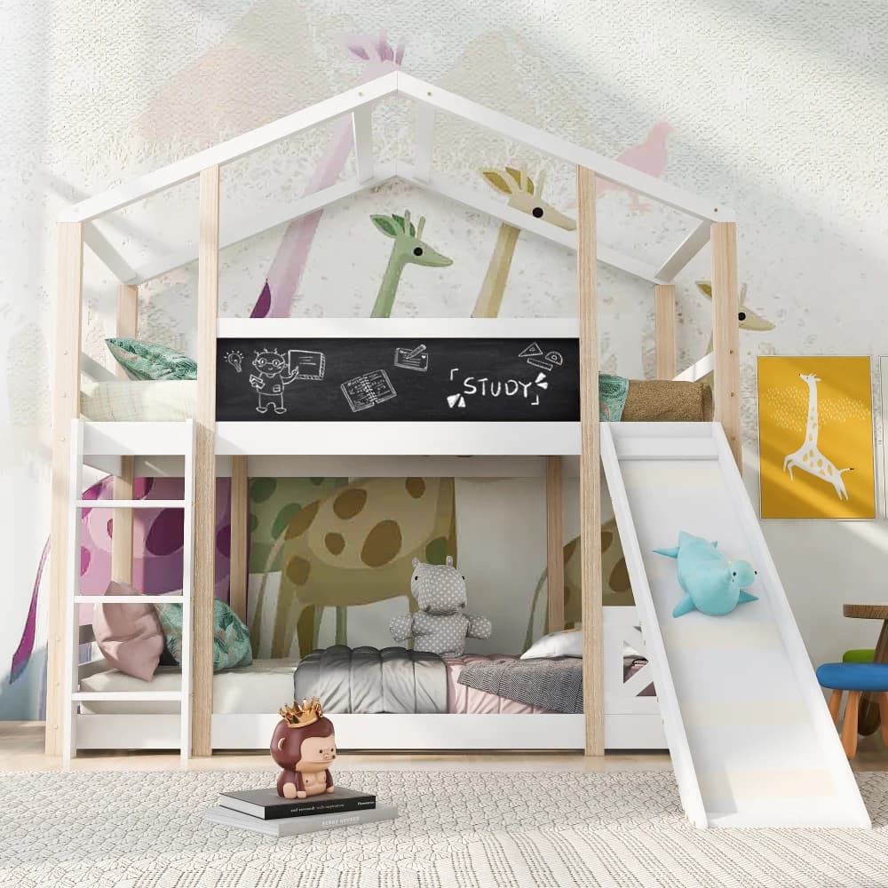 90 x 200 cm modernes Etagenbett, Kinderbett, Baumhaus mit Rutsche und Leiter, Hochbett für Kinder mit Schieferrost, für Schlafzimmer