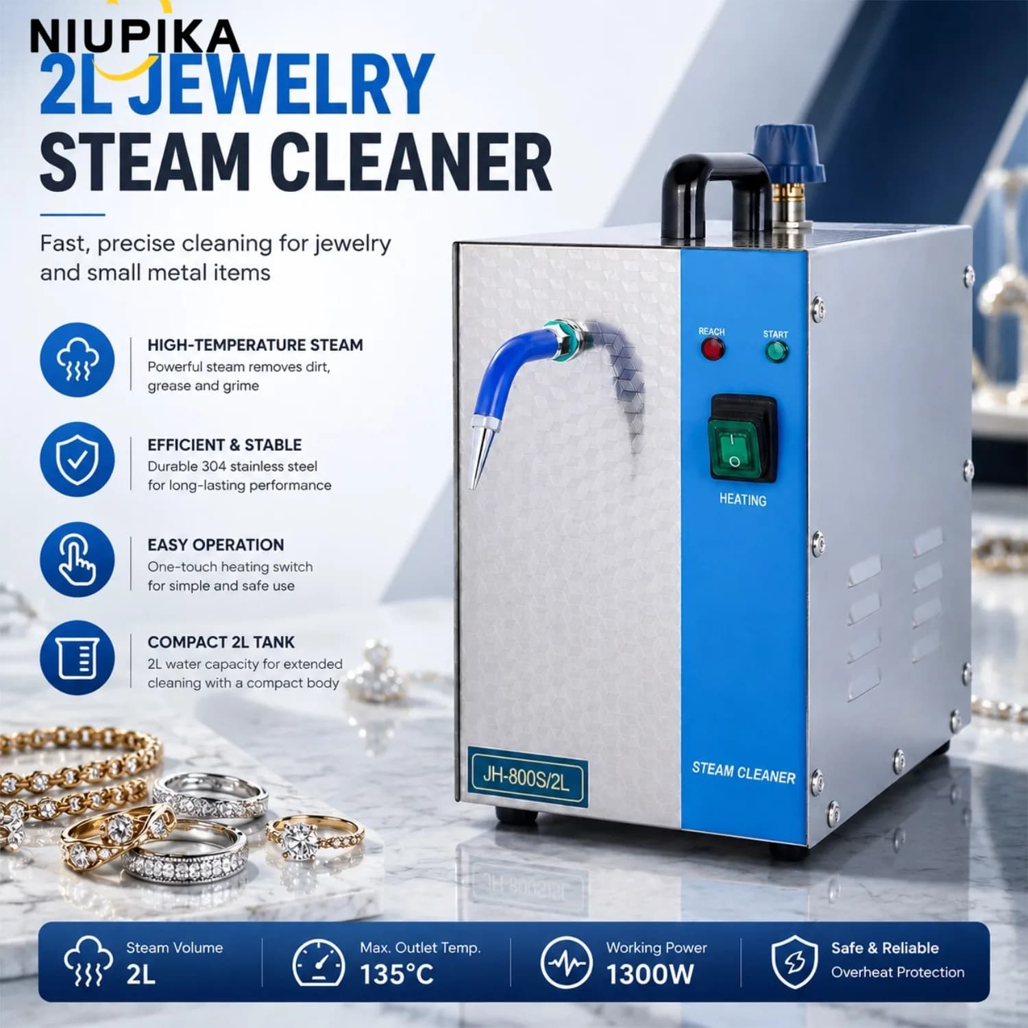 220V 1300W Edelstahl-Schmuckdampfreiniger 2L Hochtemperatur-Dampfreinigungsgerät mit Fußschalter Gold-Silber-Schmuck-Dampfreinigungsmaschine