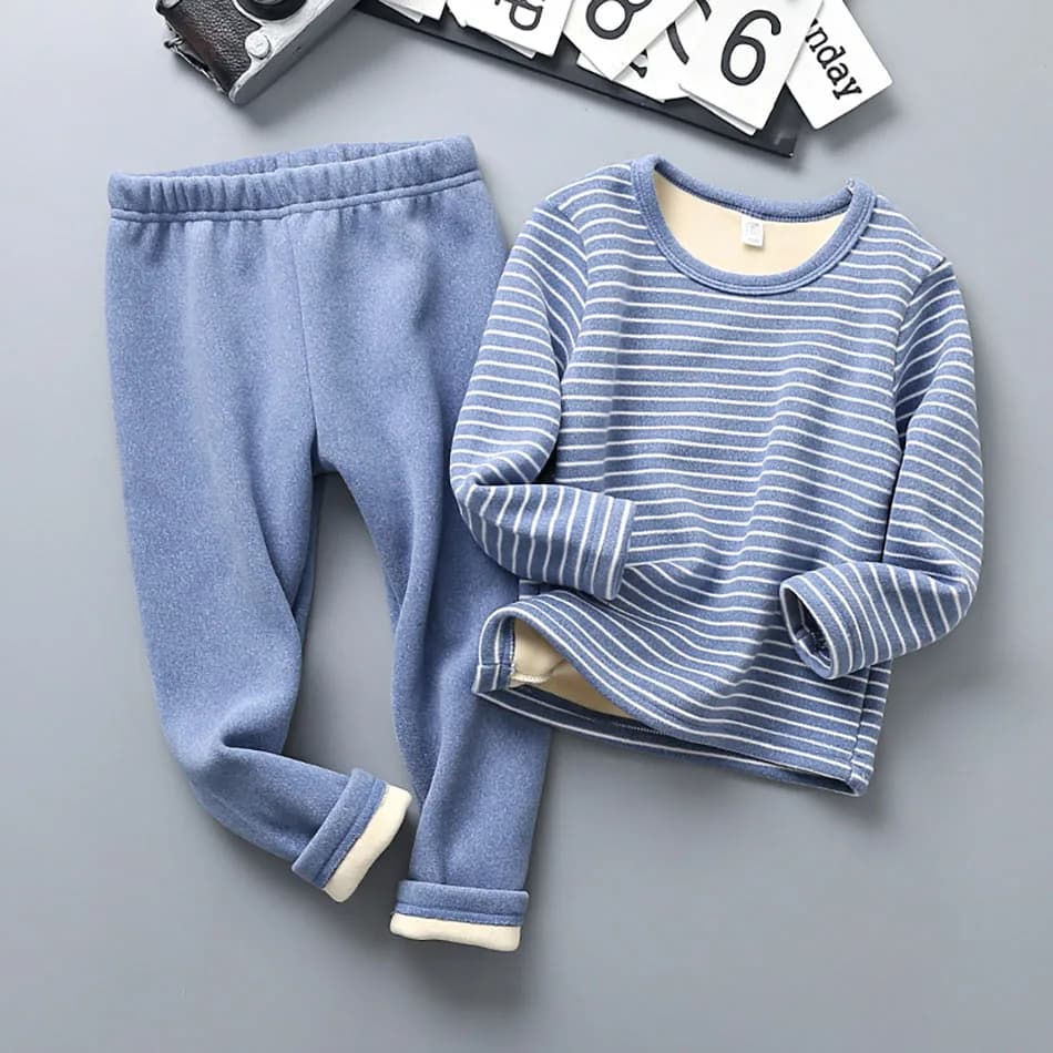 Plüschgefüttertes Kinder-Pyjama-Set, gemütliche gestreifte Winter-Nachtwäsche, ultrawarmer, weicher Pyjama für Jungen und Mädchen für Herbst