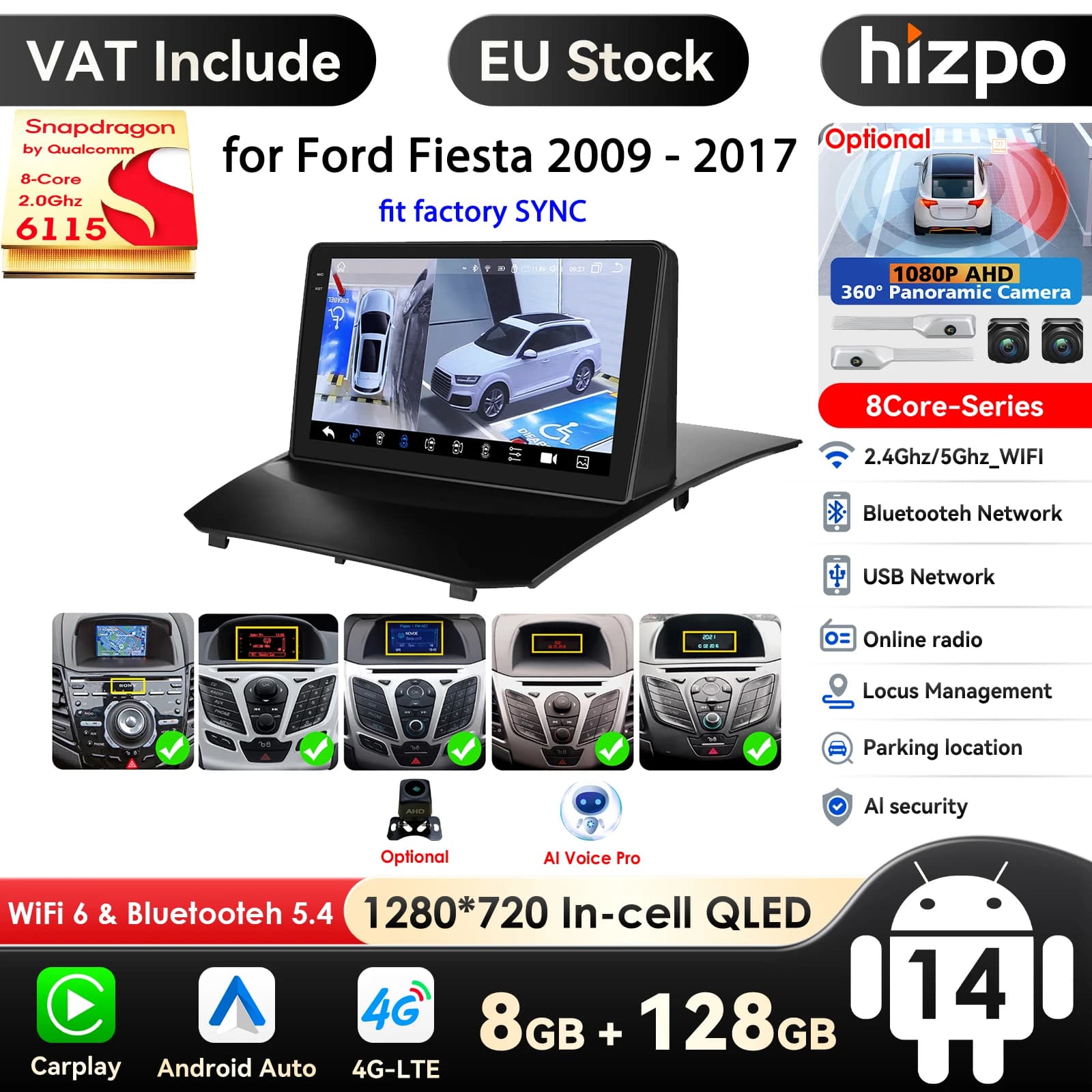 Hizpo Snapdragon Autoradio Carplay Android für Ford Fiesta Mk6 MK7 2008-2019 SYNC Multimedia Video Player Auto Stereo Navi GPS
