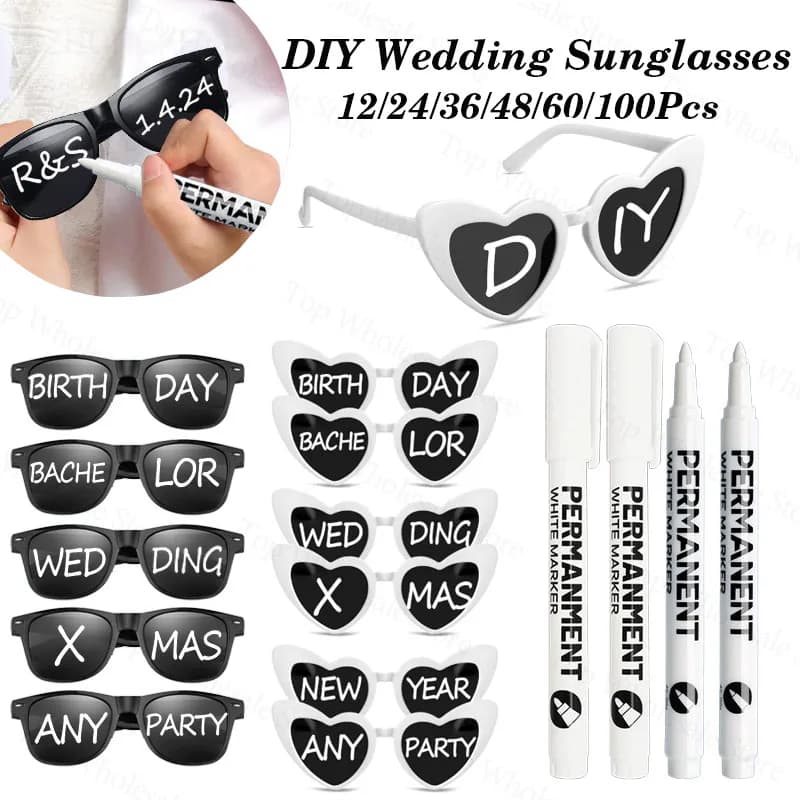 12–100 Stück personalisierte Hochzeits-Sonnenbrillen, individuelle Sonnenbrillen mit Farbstiften für Erwachsene, DIY, Geburtstag, Hochzeit,