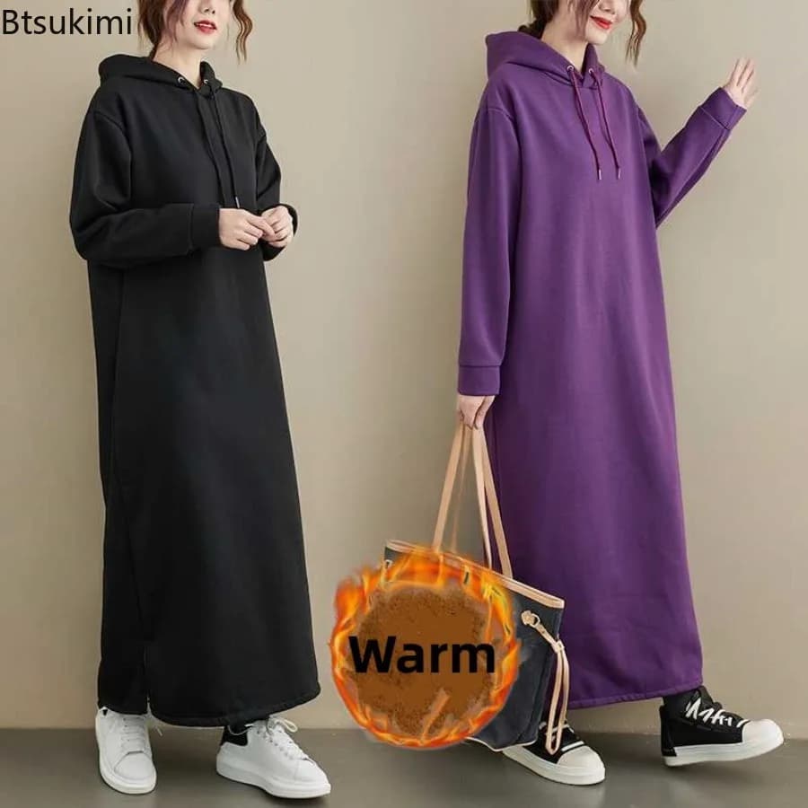 Damen Winter Verdickte Warme Lange Kapuzenpullover 2026 Stylische Kapuzenkleider Lässige Langarm-Pullover Damen Kordelzug-Sweatshirts