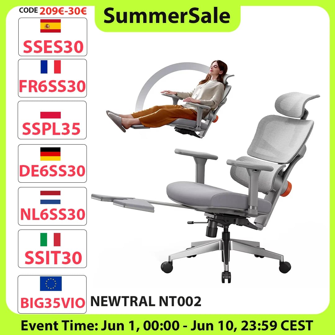 NEWTRAL NT002 Ergonomischer Stuhl, adaptive Untersetzer mit Fußstütze, 4 Rückenlehnen, verstellbare Rückenlehne, Armlehne, Kopfstütze