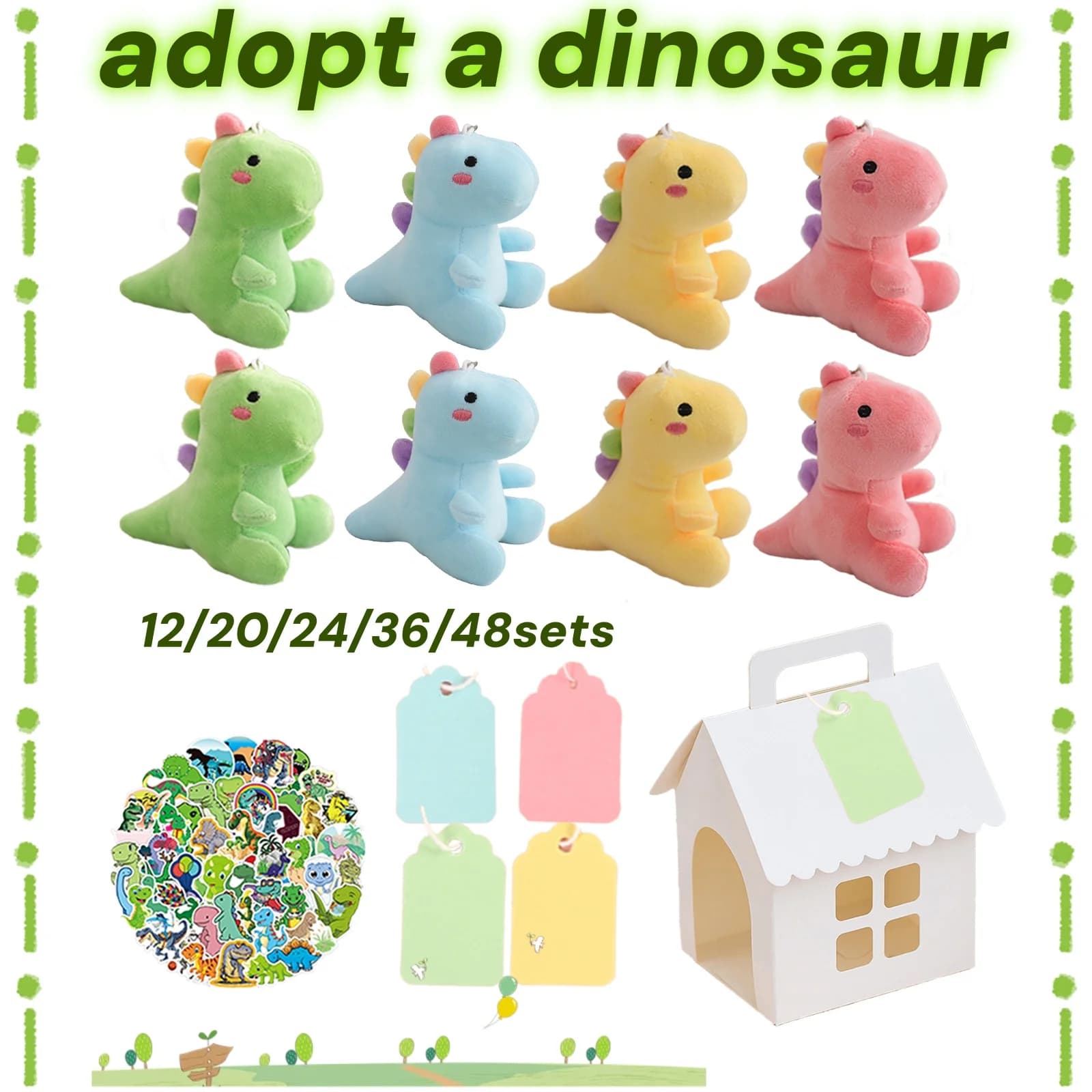 12-48 Sets DIY Dinosaurier-Party-Geschenke, Dinosaurier-Plüschtiere, Geschenkbox, Aufkleber, Adoptionskarte für Adopt A Pet Geburtstagsdekoration