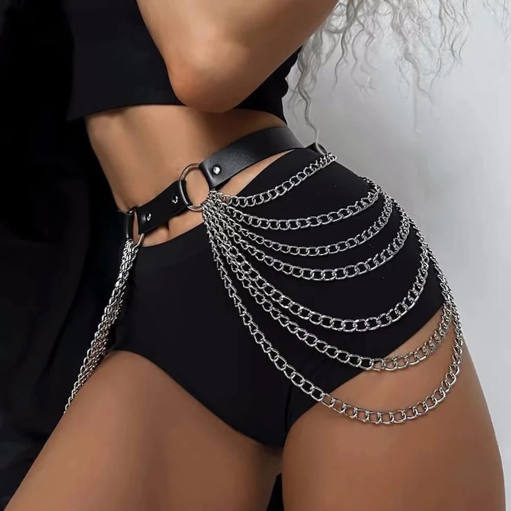 Gothic Punk Schwarzer PU-Ledergürtel mit Fransen, verstellbare Harness-Taillenkette für Frauen, Rockabilly Halloween Festival-Zubehör