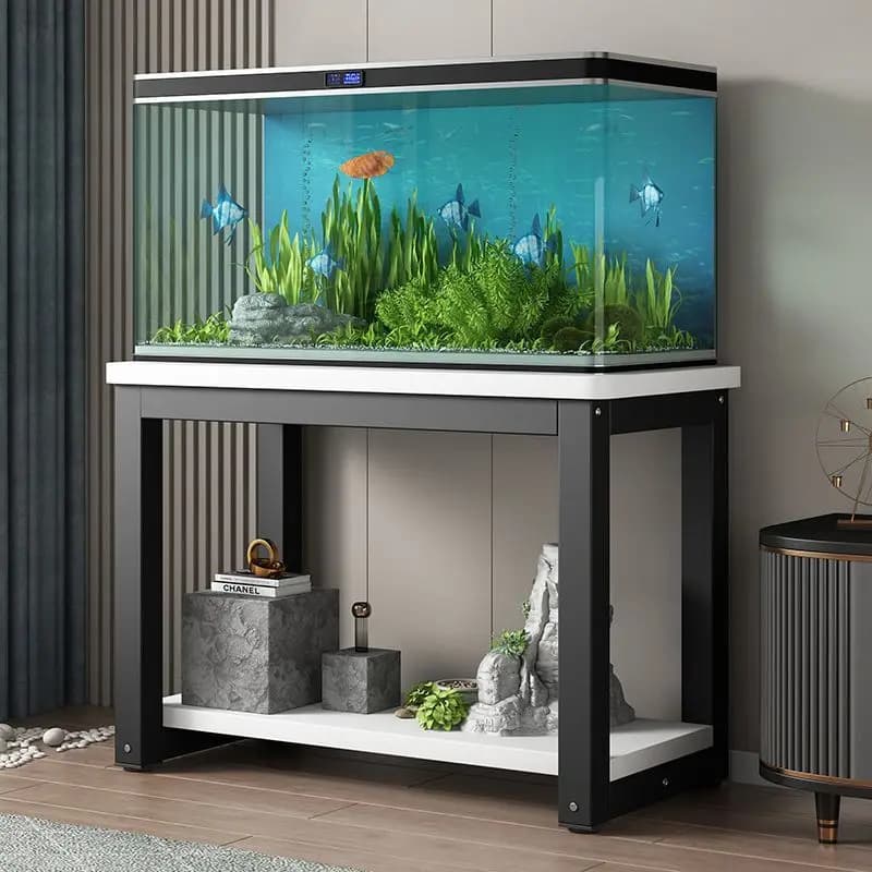 Aquariumregal, Wohnzimmerregal aus Metall, schmiedeeisernes Regal, Unterschrank aus Stahl und Holz, Aufbewahrung.