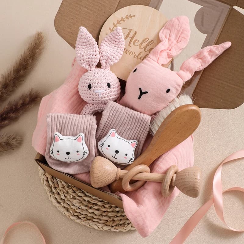 Lassen Sie uns Baby Bad Spielzeug Set doppelseitige Baumwoll decken häkeln Rassel Holzring Säugling Beißring Bade bürste für Neugeborene Geschenk