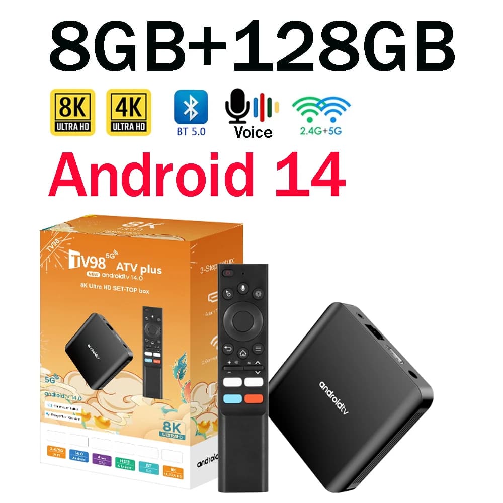 TV98 ATV Plus TV Box 8GB 128GB Android14 Allwinner H313 Quad Core 4G 5G Dual Wifi BT5.0 Smart Sprachsteuerung HD 4K 8K TV Box IPTV