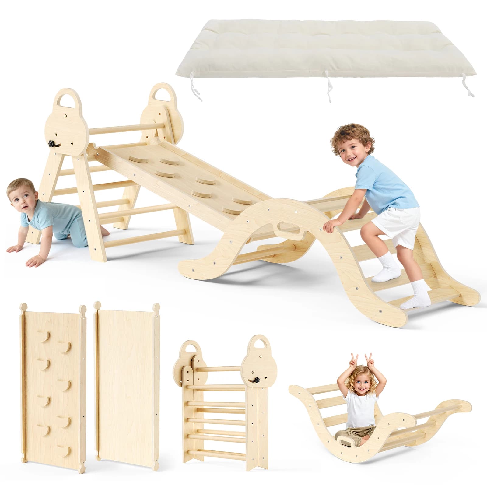 7-in-1-Kletterdreieck aus Holz mit Rampe, Bogenkletterer, Klettergerüst für Kleinkinder, Spielplatz, Indoor-Spiel, Fitnessstudio, Rutsche für