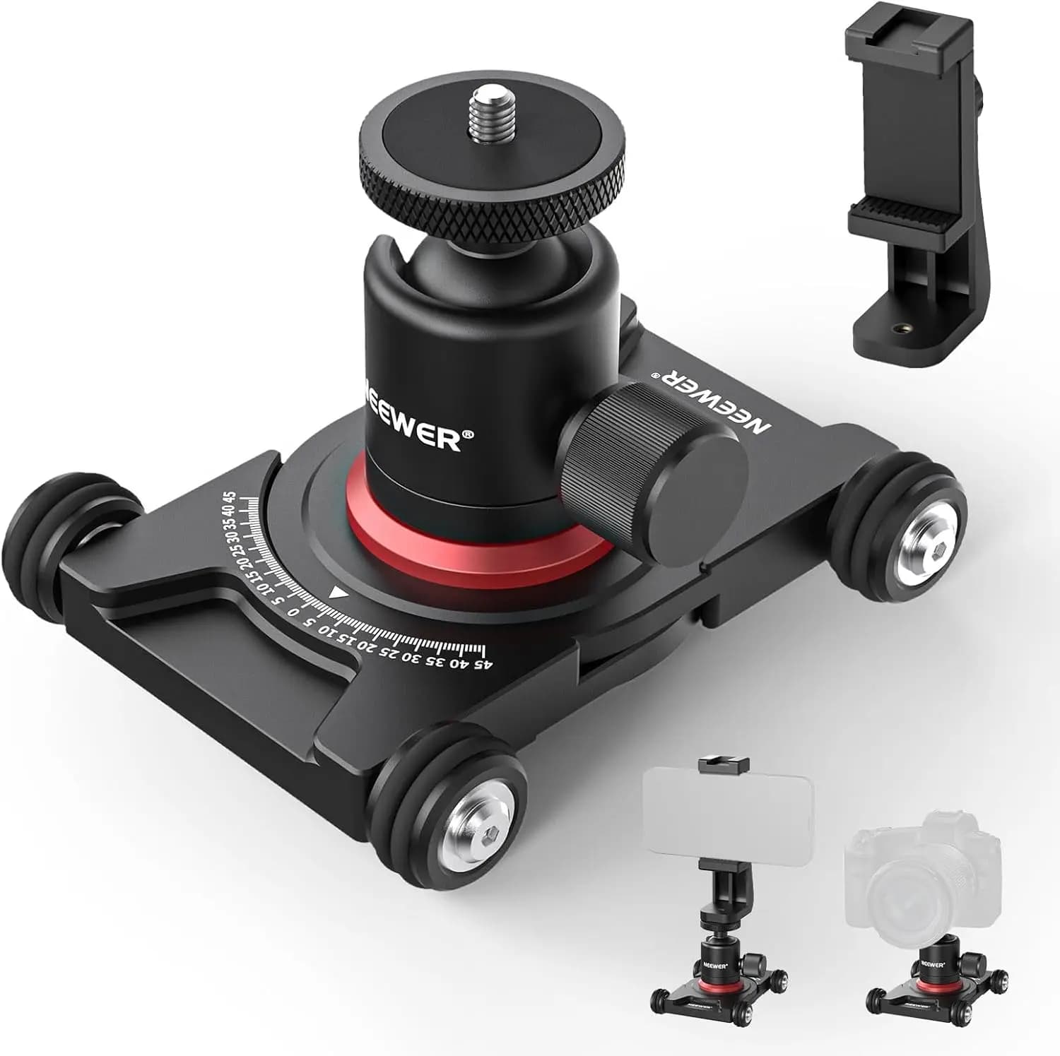 NEEWER Kamera-Schiebewagen mit Kugelkopf und Klemme, 4 Tischrollen mit 360°-Drehung °   Panorama, kompatibel mit Mini-Spiegelloskameras, GoPro und