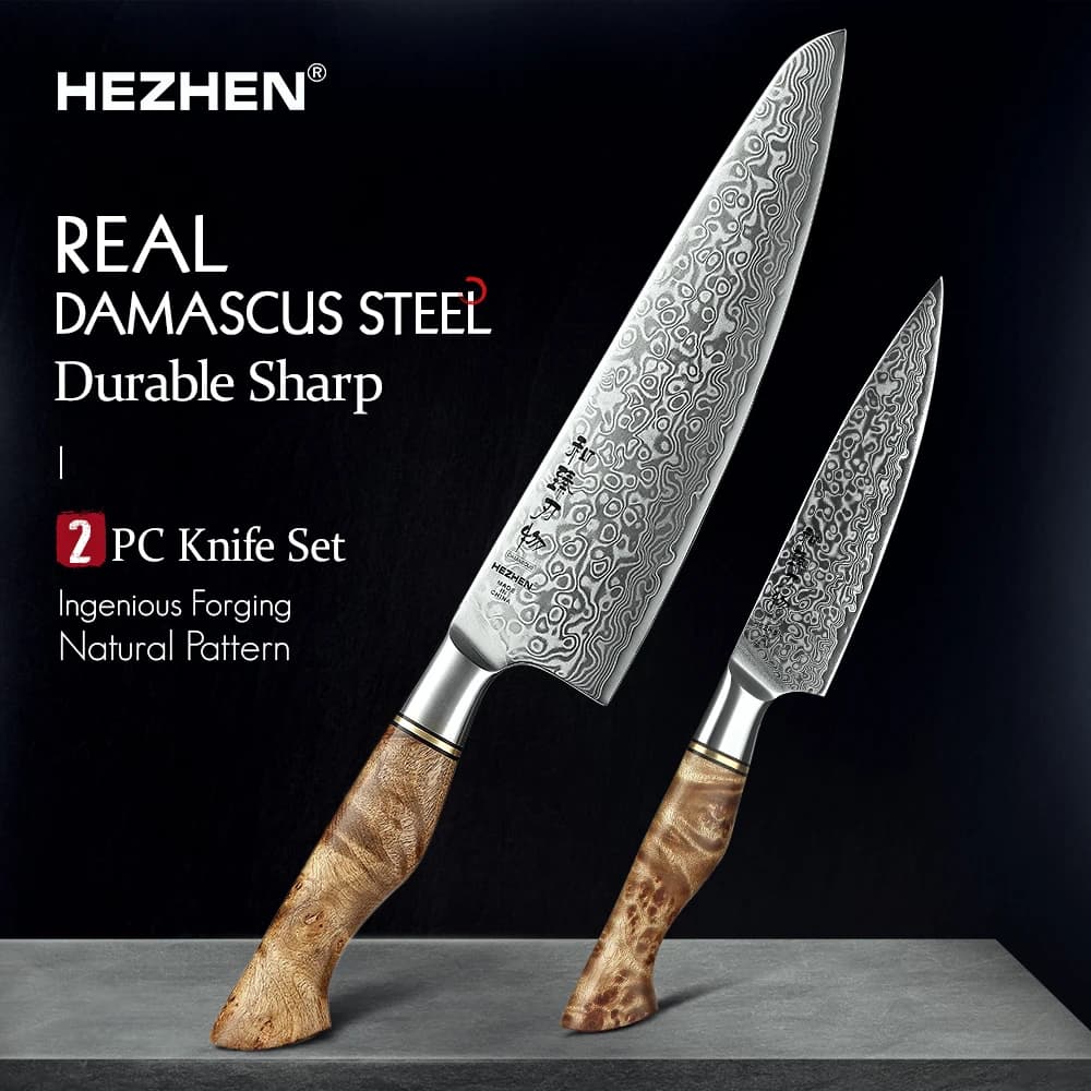 HEZHEN 1–2-teiliges Messerset, professionelles Allzweck-Kochmesser aus Damaststahl für Fleisch, japanisches Koch-Küchenmesser