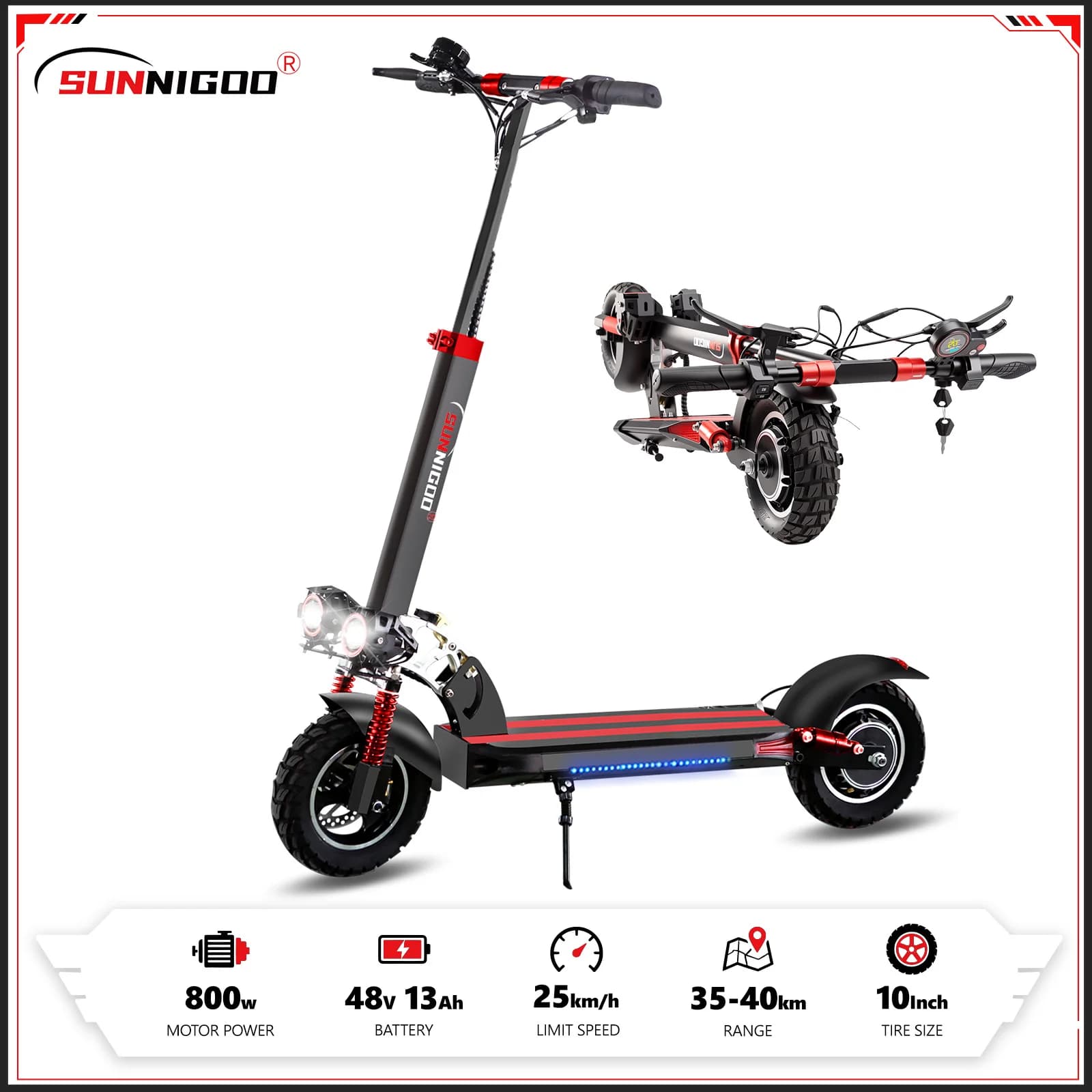 SUNNIGOO Elektroroller für Erwachsene, 10 Zoll Offroad, 48V Lithium-Akku, Höchstgeschwindigkeit ​ ​ 45km/h E-Scooter mit Sitz, faltbar, große
