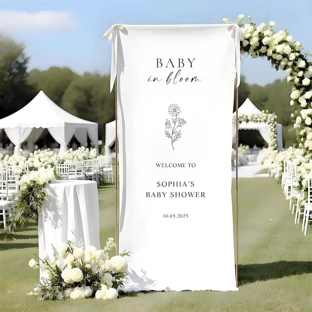 Personalisiertes Baby In Bloom Stoffbanner Babyparty Willkommensschild Gender-Reveal-Party-Dekoration Schwangerschaftsankündigung Kindergeburtstag