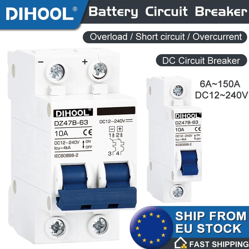 DIHOOL DC12V 24V 48V 36V 72V DC Leistungsschalter 125A 63A 40A 16A 32A Positiver und negativer Polschutzisolator