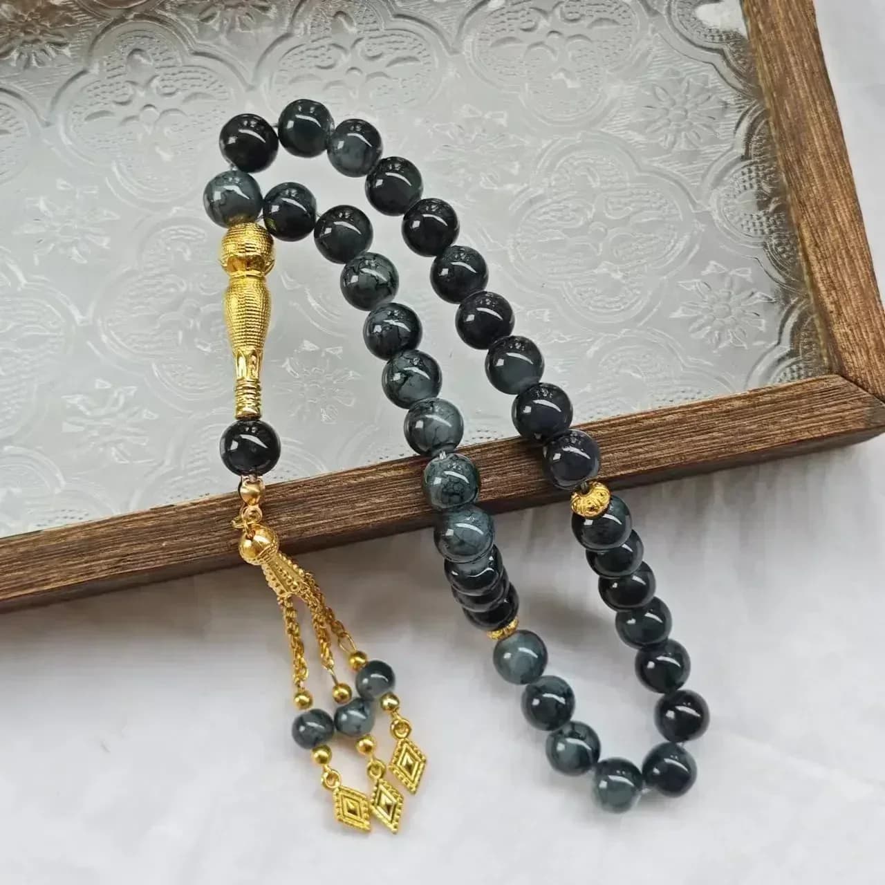 10 mm 33 Stück Glasquaste türkischer muslimischer Rosenkranz islamische Gebetsperlen Armband für Frauen Schmuck Tasbih Tasbeeh Allah Mohammed