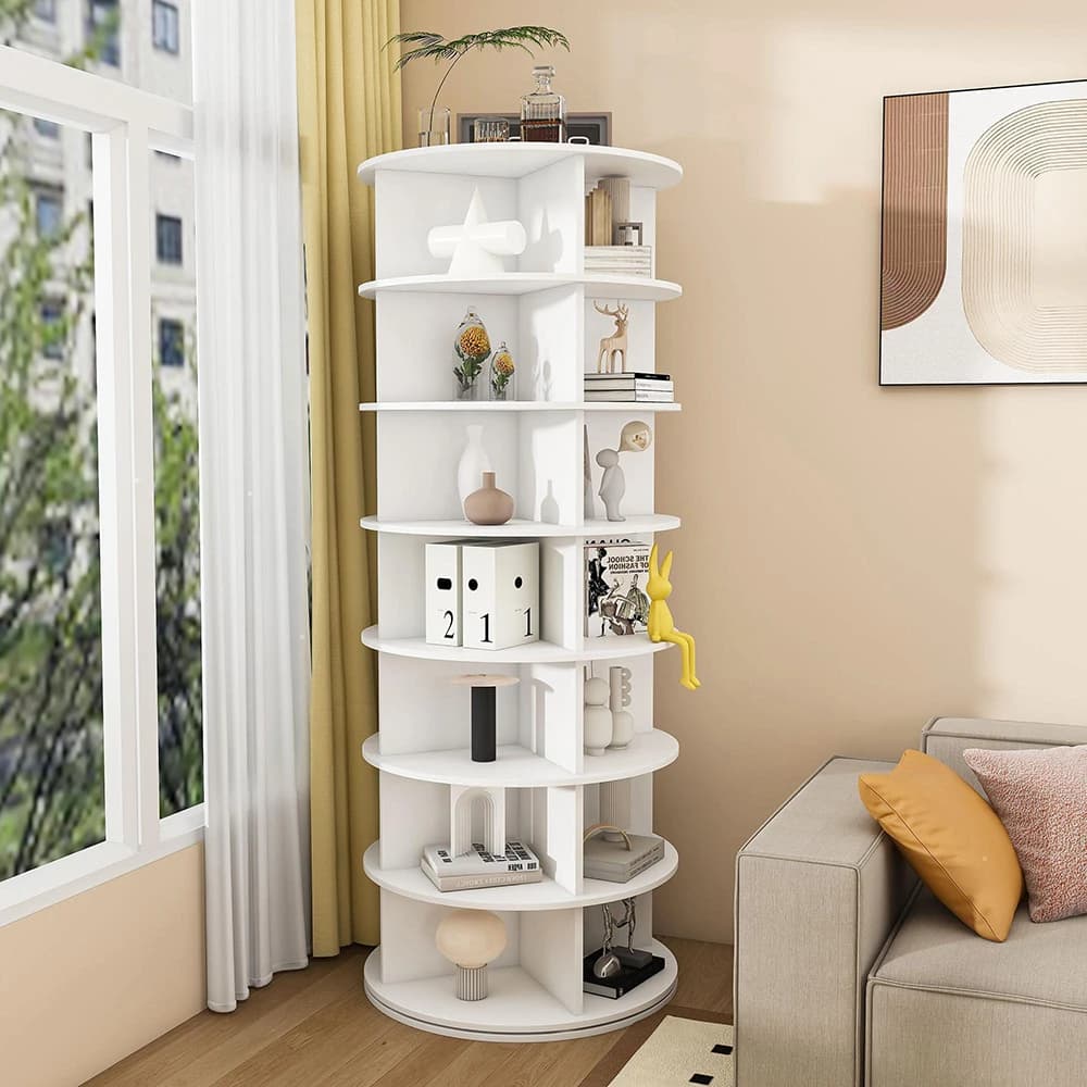 KOMHTOM 7-Etagen Drehschuhregal Tower, 360° drehbar – Freistehendes Schuhregal für 28 Paar Schuhe, Platzsparend, weiß