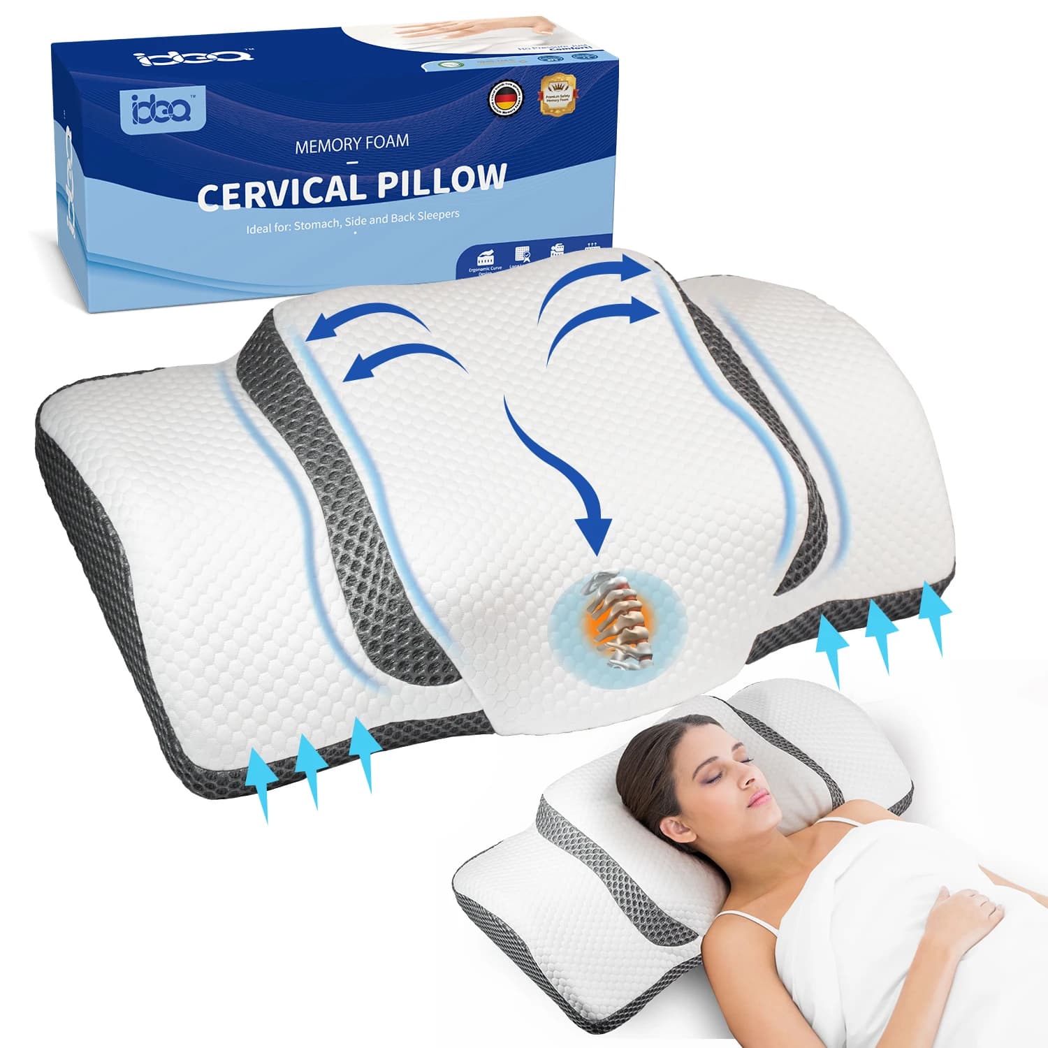 Orthopädisches Kissen, Ergonomisches Nackenkissen Kopfkissen, Memory Foam Kissen Original für Seiten, Rücken & Bauchschläfer, Nackenstützkissen