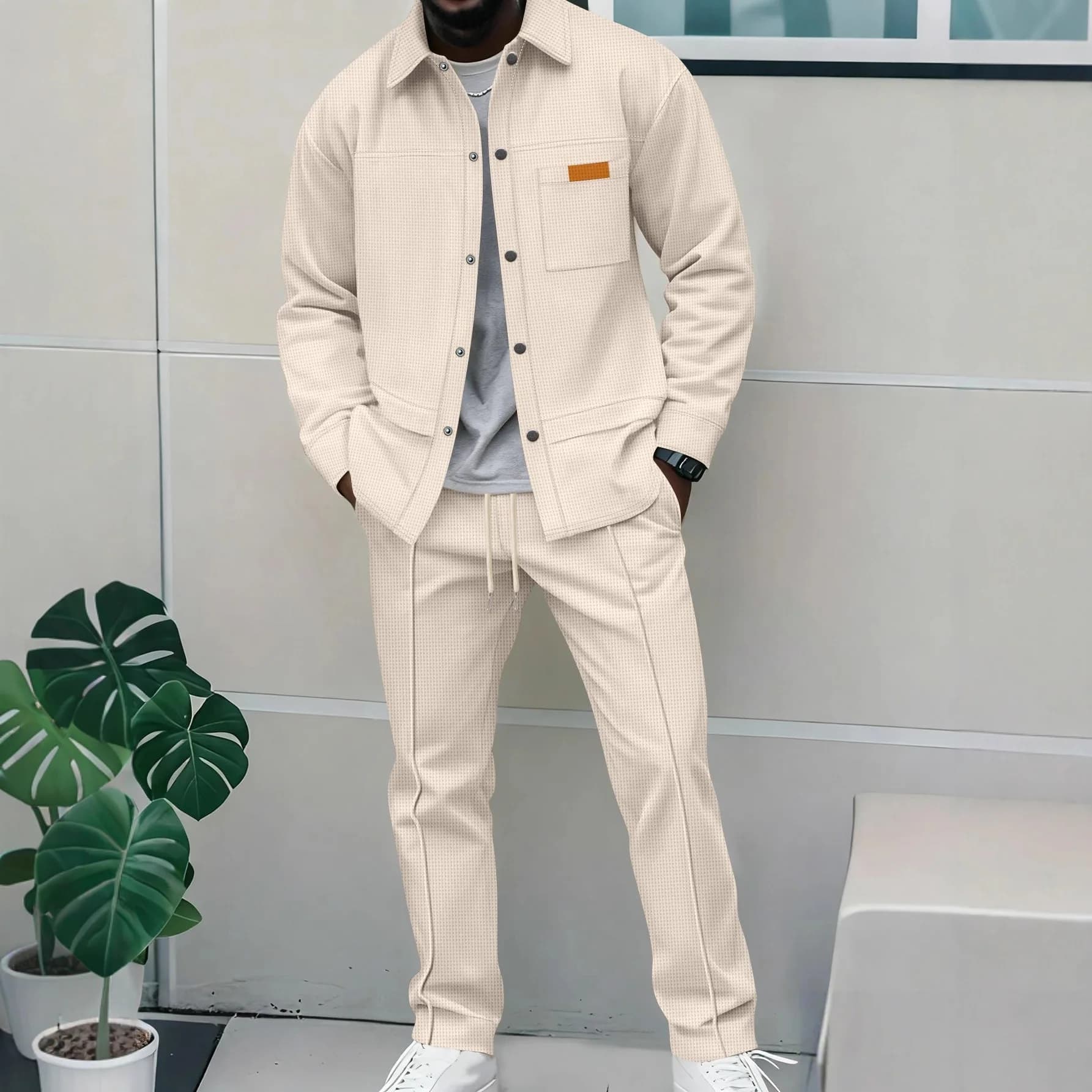 Hochwertiges Herren-Jacken-Set mit Waffelmuster in reiner Farbe für Frühling und Herbst – ein stilvolles und lässiges zweiteiliges Outfit