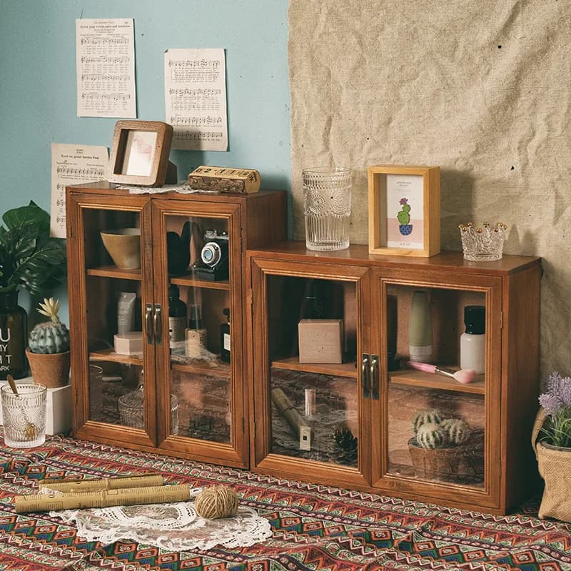 Vintage handgefertigter Aufbewahrungsschrank, mehrschichtiger Holz-Organizer, Teeservice, Vitrine, dekorative zweitürige Aufbewahrungseinheit