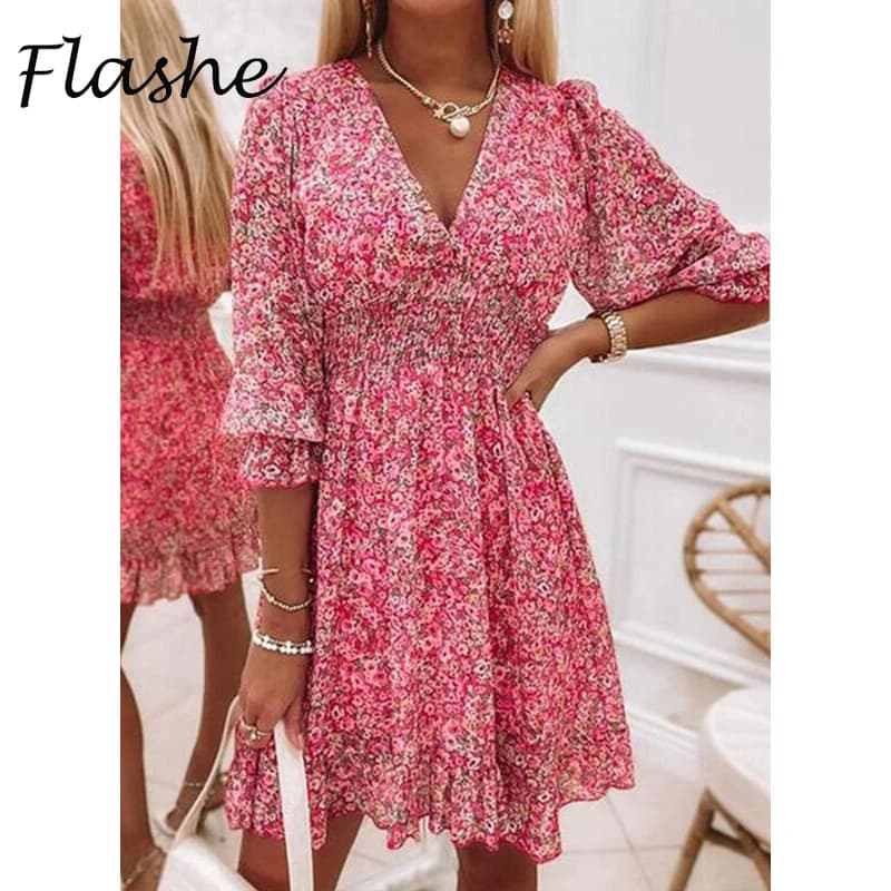 Elegante Blumen Druck Frauen Kleid Sommer Halbe Hülse Kurzes Kleid Sommerkleid Mode Vestidos Robe Urlaub Party Kleider 2022