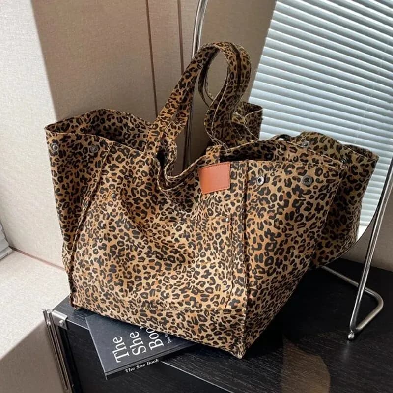 Einkaufstasche mit Leopardenmuster, Vintage-Segeltuch-Umhängetasche, modische Handtasche mit großer Kapazität für Schule, Arbeit, Einkaufen