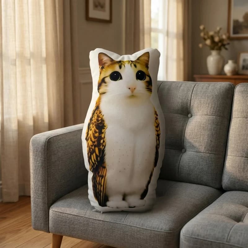 Gaslight Gatekeep Girlboss Meowl Kissen Katzen-Eulen-förmiges lustiges Meme-Kissen Brainrot Stofftier-Dekokissen Gen Z Kissen