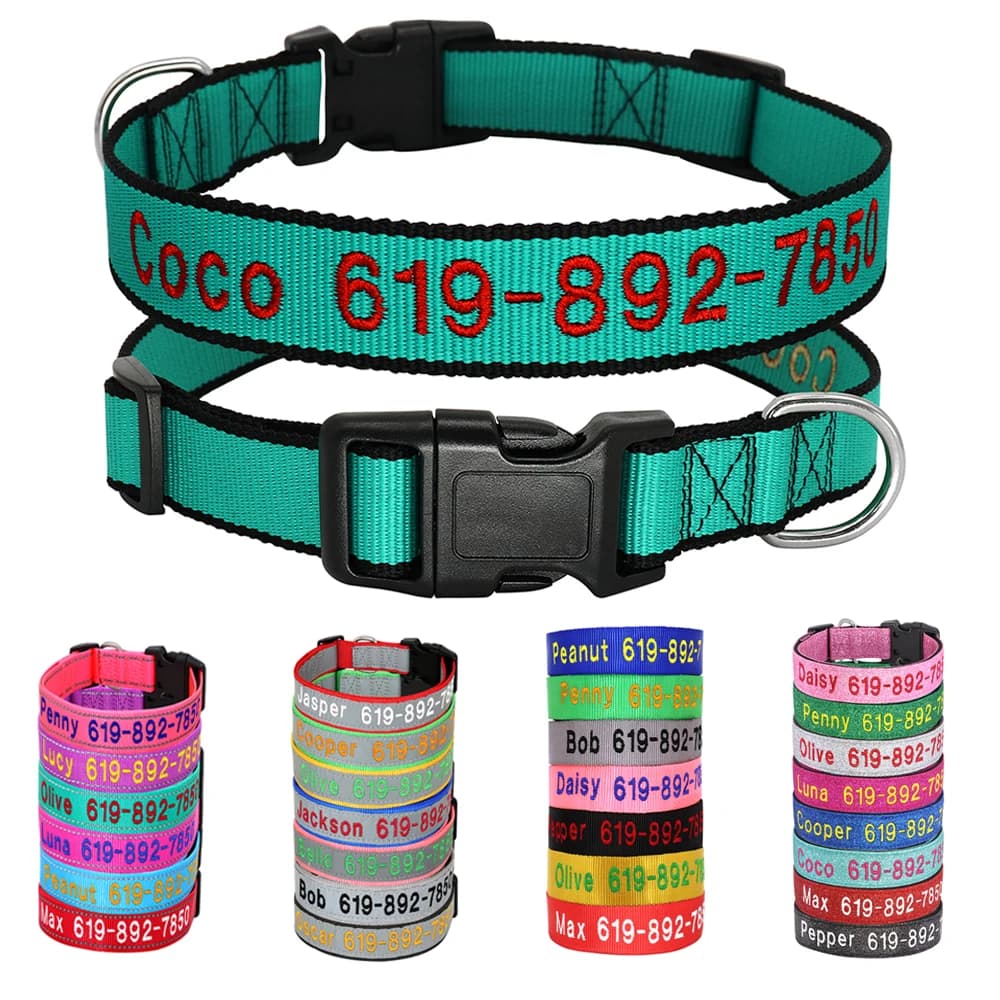 Verstellbares, mit Nylon besticktes Hundehalsband, individuelles Ausweis-Namenszubehör, Haustierhalsbänder für kleine, mittelgroße und große