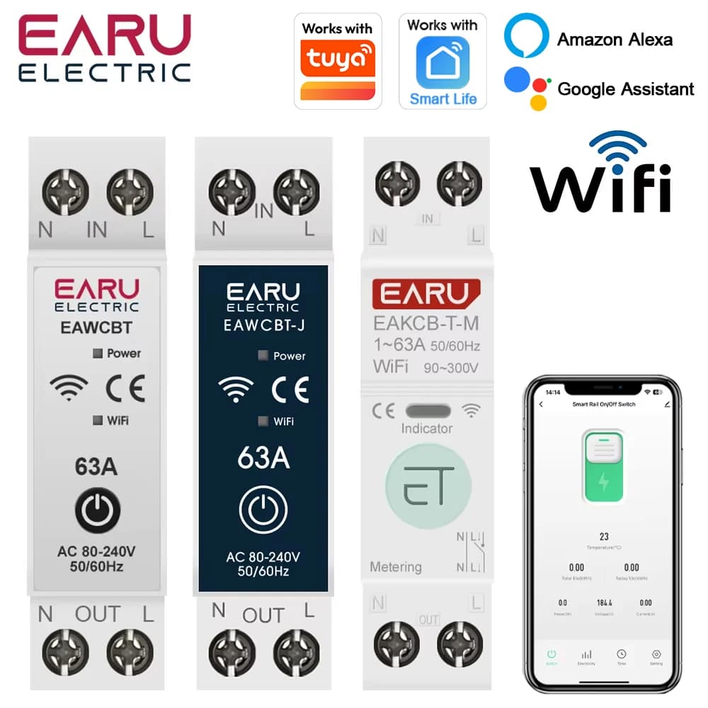 Tuya WiFi Smart Circuit Breaker MCB 1P + N 63A Timer Power Energie kWh Spannung Strom Meter Protector Stimme fernbedienung Schalter
