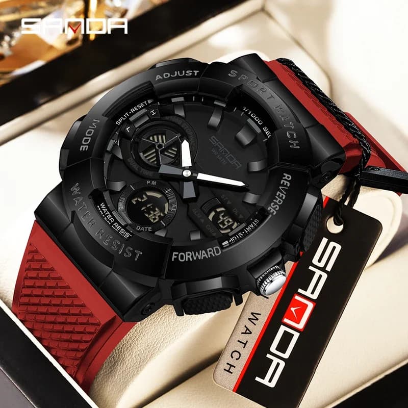 SANDA Neue Sport Männer Militär Uhr Dual Display Stoppuhr Sport Wasserdichte Armbanduhr Elektronische Wecker Quarz Mann Uhr