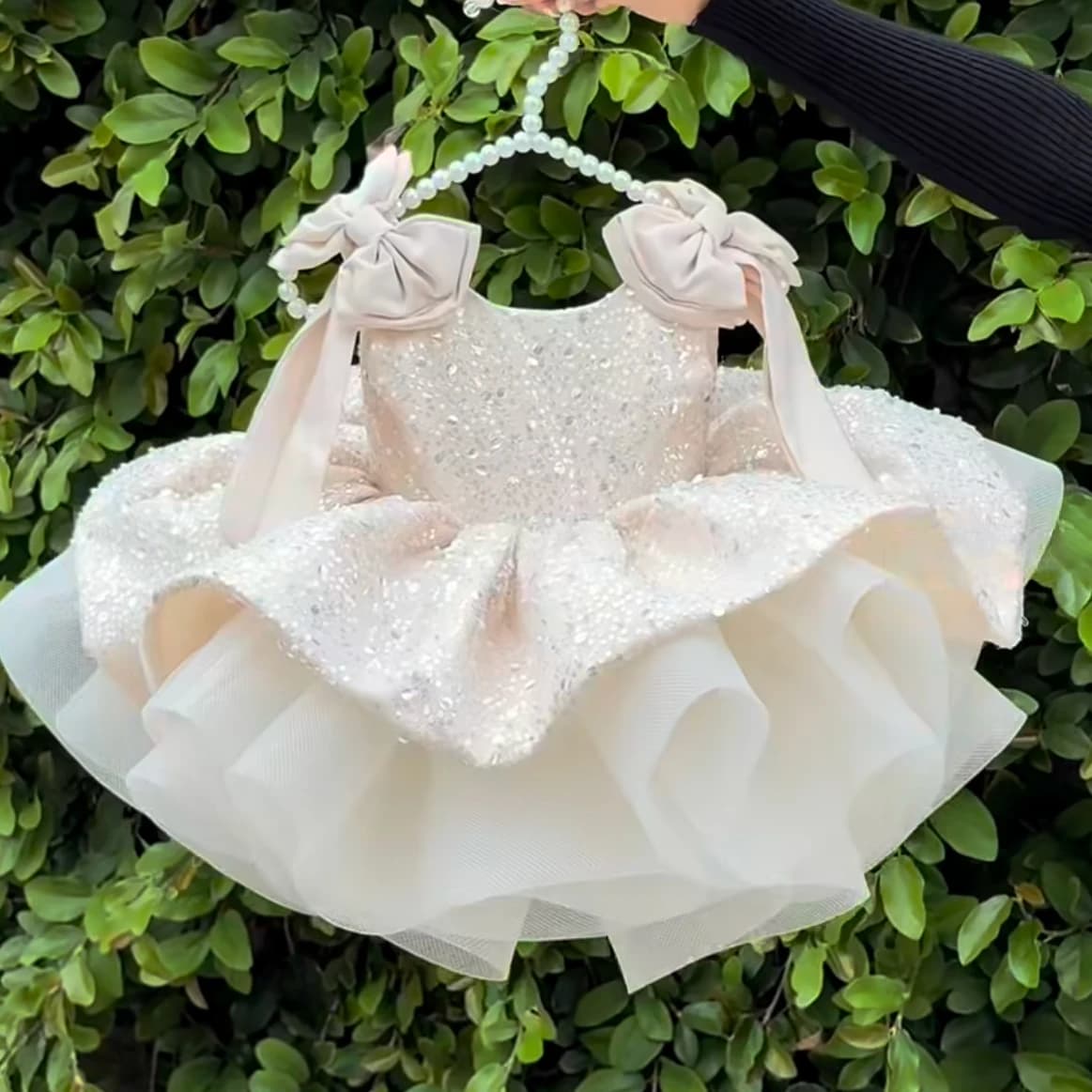 KLFLDG Leichtes, luxuriöses Schönheitswettbewerbskleid für Babys mit Pailletten, großer Schleife, Geburtstagspartykleid, Hochzeit für