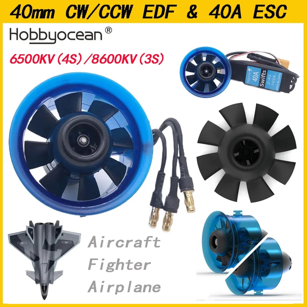 Hobbyocean 40 mm EDF 8 Baldes CCW/CW Kanalventilatorsystem mit 6500 kV 8600 kV bürstenlosem Motor 3S/4S für RC-Flugzeugmodell-Jet-Flugzeug