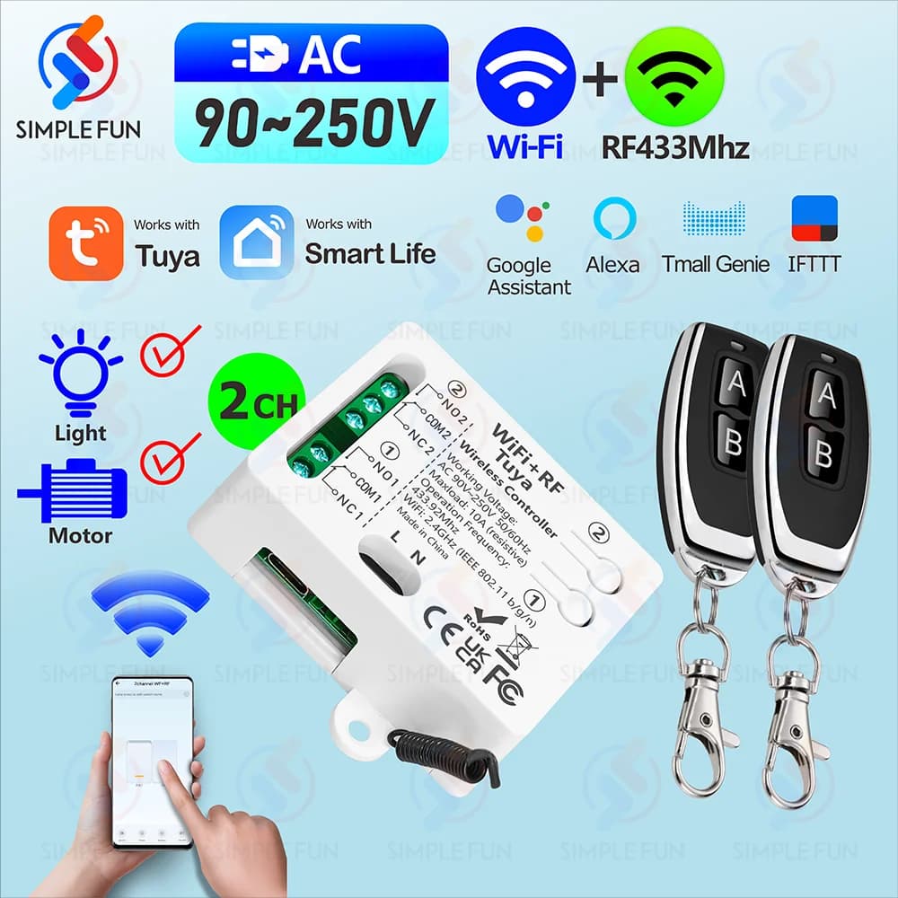 Tuya WiFi RF 433Mhz Smart Licht Schalter Motor Schalter AC 110V 220V 230V 10A 2CH Unterstützung Alexa google Home, für Lampe Garage Tür
