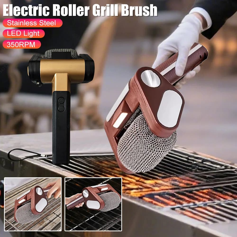 Leistungsstarke elektrische Grill-Reinigungsbürste mit 350 U/min und LED-Leuchten, wiederaufladbare, borstenfreie, drehbare Grillbürste aus