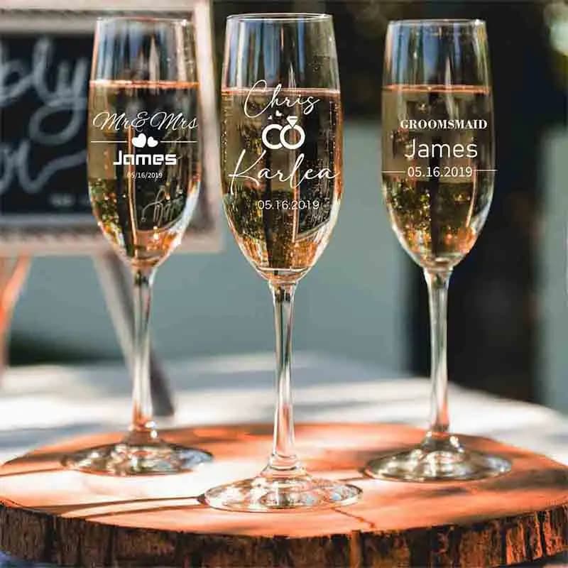 Personalisierte Hochzeit Champagner Flöte Benutzerdefinierte Lasergravur Glas Flöte Tasse Valentinstag Dekoriert Champagner Flöte Brautjungfer