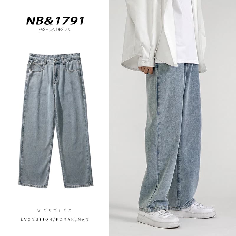 Koreanische Mode Herren Baggy Jeans Klassische Allgleiches Einfarbig Gerade bein Denim Breite bein Hosen Männlich hellblau Grau Schwarz