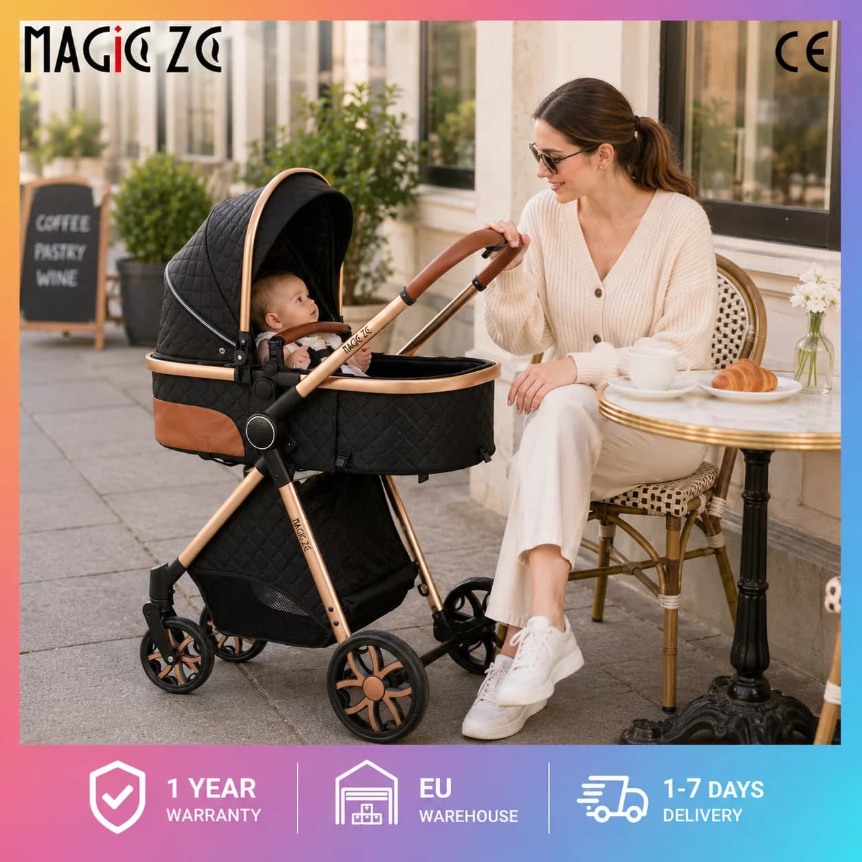 Luxuriöses 3-in-1 Baby-Kinderwagen-Set mit 6 Gratis-Geschenken: Wickeltasche, Regenschutz, Fußstütze, Sitzkissen, tragbarer Autositz, umkehrbarer