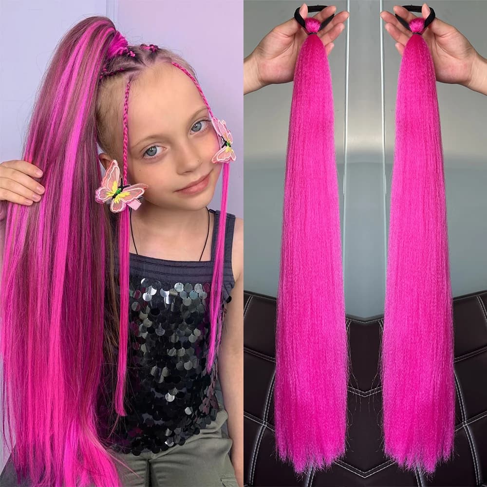 Synthetische bunte Pferdeschwanz-Verlängerung, 2 Stück, lang, gerade, DIY, geflochtenes Pferdeschwanz-Haarteil mit Gummiband, Damen-Haar-Accessoires