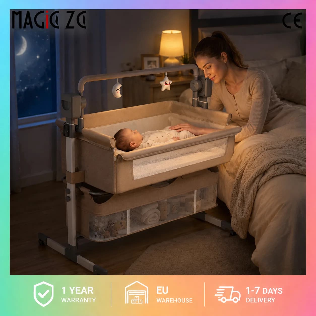 3-in-1 Multifunktionales Elektrisches Baby-Beistellbett, Tragbares Reisebettchen mit 5-Gang Intelligenter Schüttelmodus, Beistellbett mit