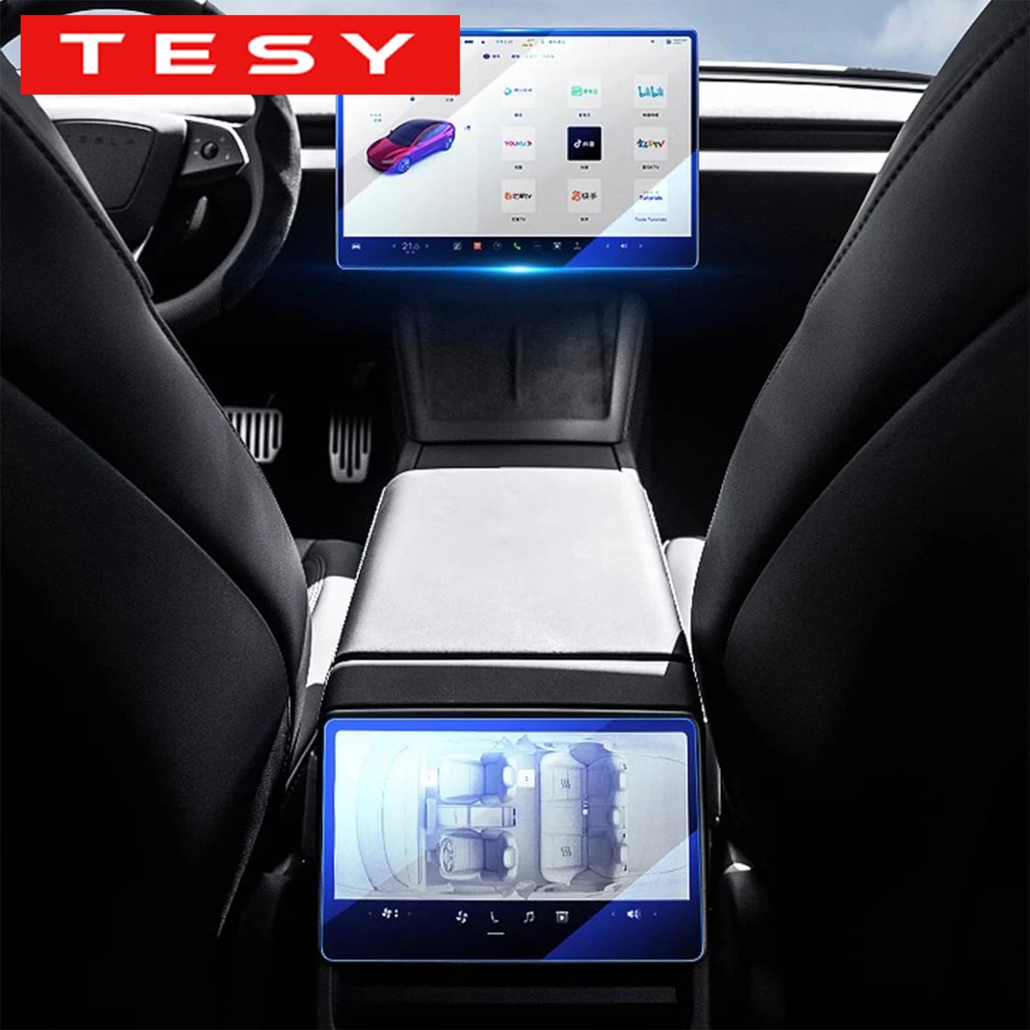 TESY Gehärteter Glasfilm-Schutz für Neues Tesla Model YL Y Juniper Launch Model 3 Highland Vorder- und Heckscheiben-Schutzfolie