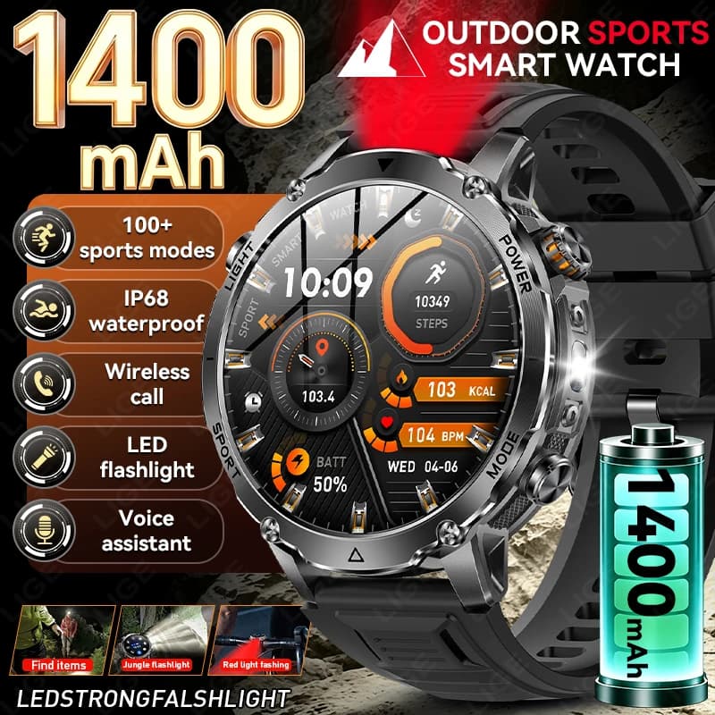 LIGE Neue 1,7-Zoll-HD-Bildschirm 1400mAh Akku Militär-Smartwatch Wasserdicht Herzfrequenz Taktische LED-Taschenlampe Herren Sport-Armband