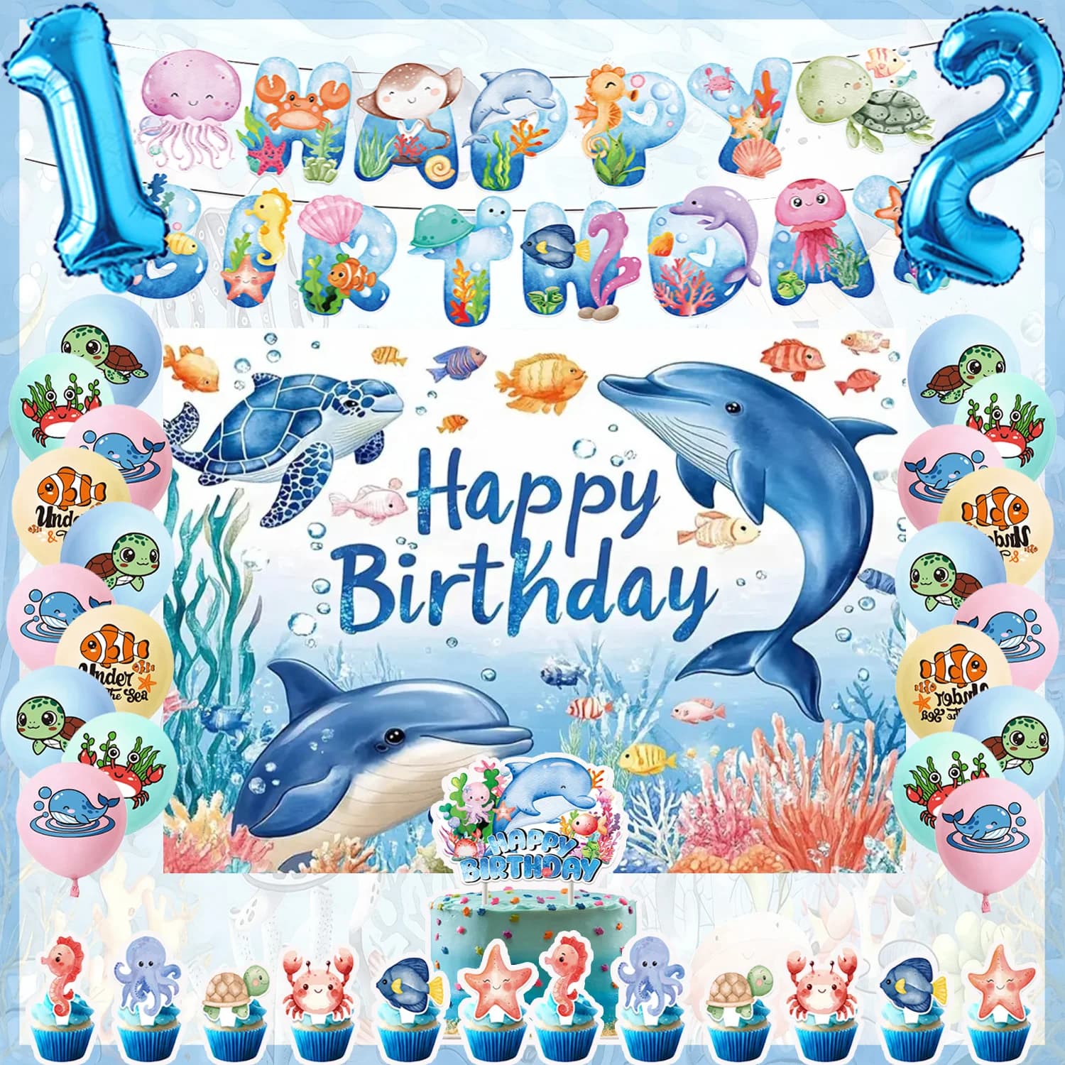 Ozean-Themen Geburtstagsparty-Zubehör Unterwasser-Kreaturen Delfin Happy Birthday Banner Ballon Tortendekoration Set für Babyparty